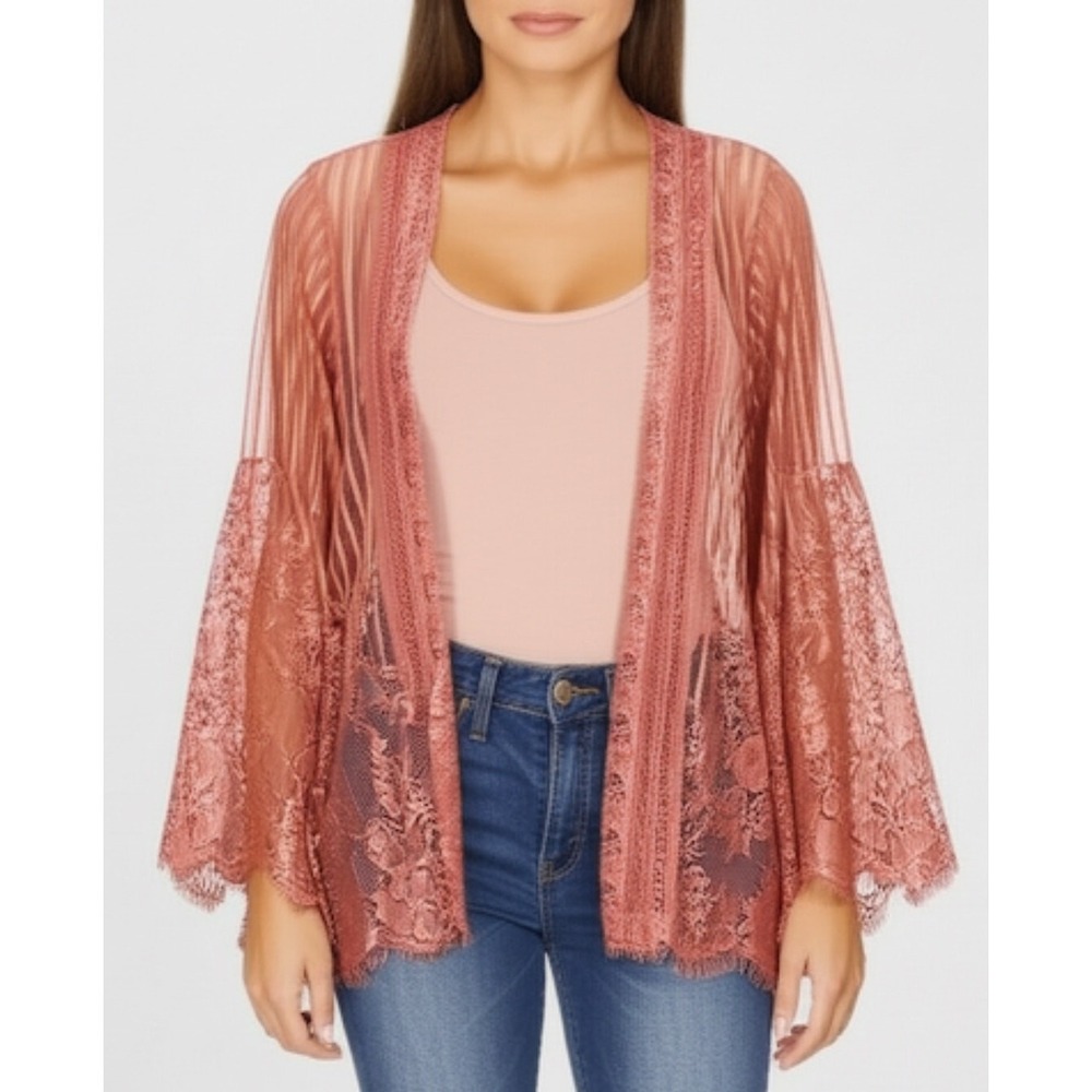 Xhilaration Womens XS Dusty Rose‎ Lace Sheer Kimono Bell Sleeve Cardigan